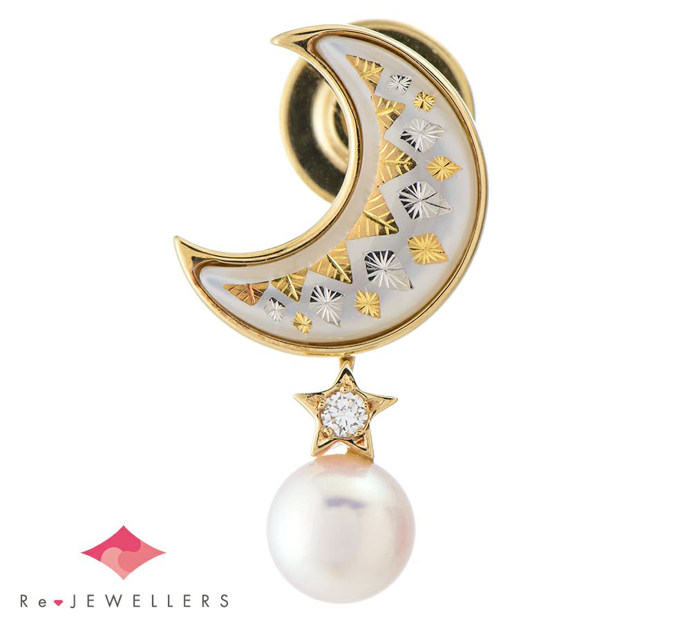 ○✨美品✨ミキモト アコヤ真珠三日月ブローチk18 ミキモト ピクウェ 三日月&星 7.3mm アコヤ真珠 シェル ダイヤモンド